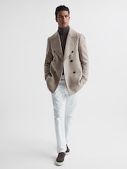 Reiss Oatmeal Bergamo Wool Blend Herringbone Peacoat - Image 3 of 8