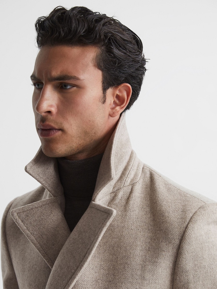 Reiss Oatmeal Bergamo Wool Blend Herringbone Peacoat - Image 8 of 8