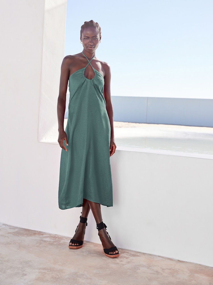 Teal Blue 100% Linen Ruched Halter Midi Dress - Image 1 of 6