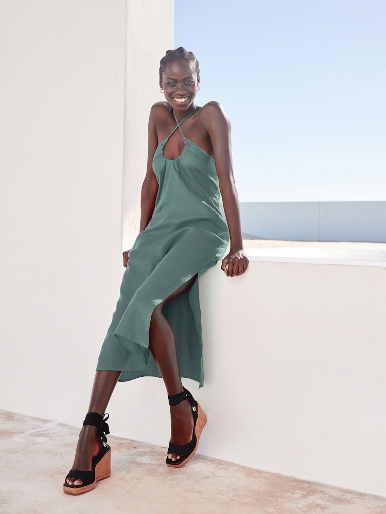 Teal Blue 100% Linen Ruched Halter Midi Dress - Image 2 of 6