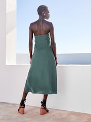 Teal Blue 100% Linen Ruched Halter Midi Dress - Image 3 of 6