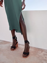 Teal Blue 100% Linen Ruched Halter Midi Dress - Image 4 of 6
