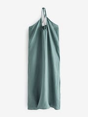 Teal Blue 100% Linen Ruched Halter Midi Dress - Image 6 of 6