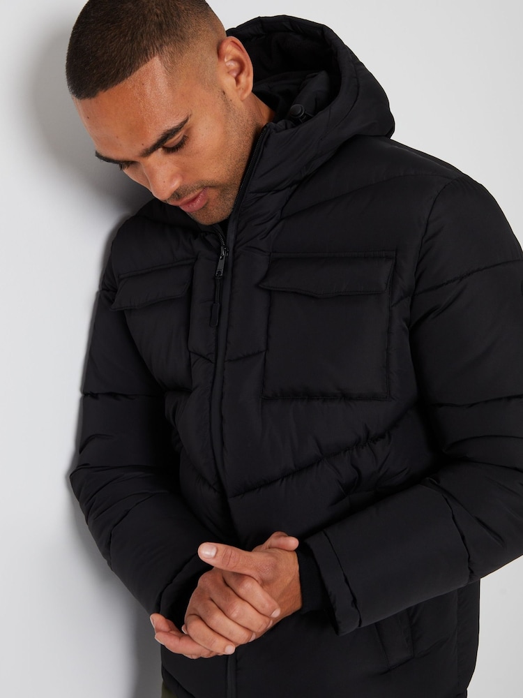 Threadbare Black Showerproof Four Pocket Hooded Puffer Jacket - Image 4 of 4