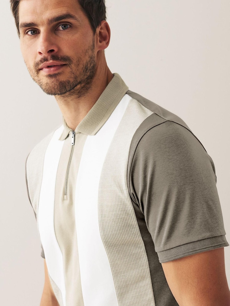 Бежевый/Коричневый - Short Sleeve Black/Tan Brown Vertical Block Polo Shirt - Image 1 of 5