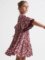 Reiss Pink Alivia Junior Lace Sleeve Printed Dress - Image 1 of 8