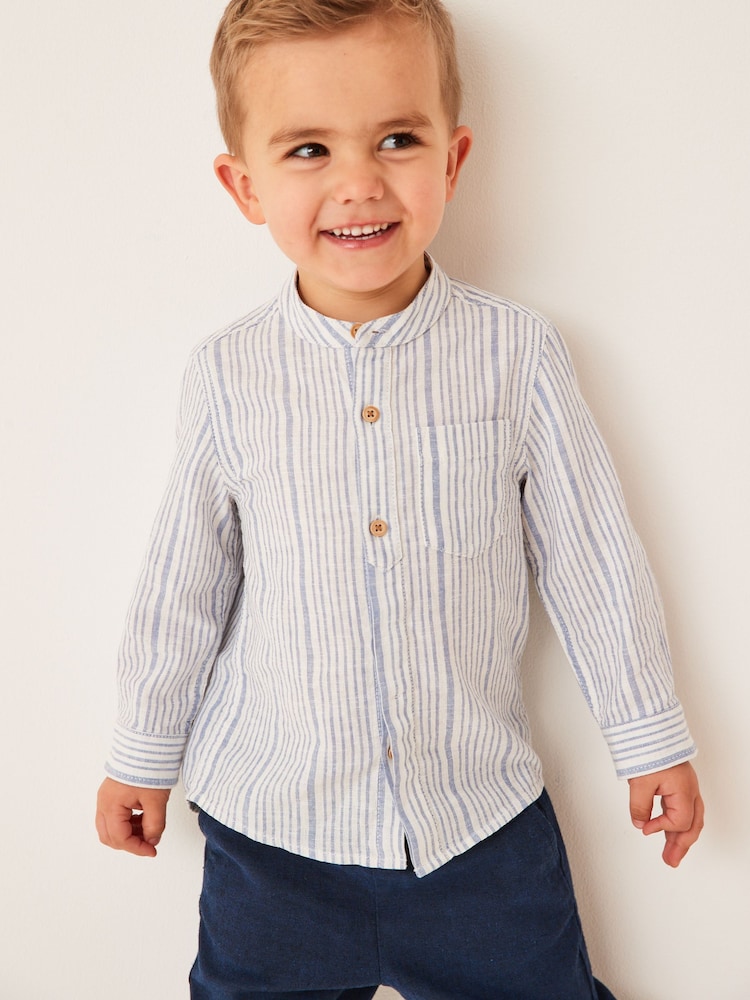 Blue/White Stripe Grandad Collar Linen Mix Shirt (3mths-7yrs) - Image 1 of 6