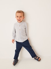 Blue/White Stripe Grandad Collar Linen Mix Shirt (3mths-7yrs) - Image 2 of 6
