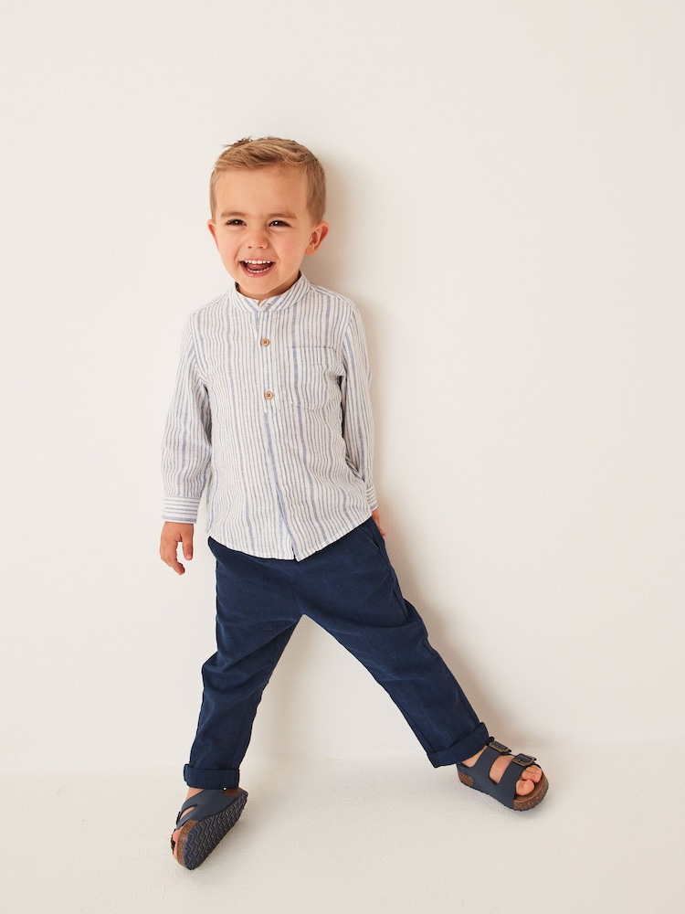 Blue/White Stripe Grandad Collar Linen Mix Shirt (3mths-7yrs) - Image 2 of 6