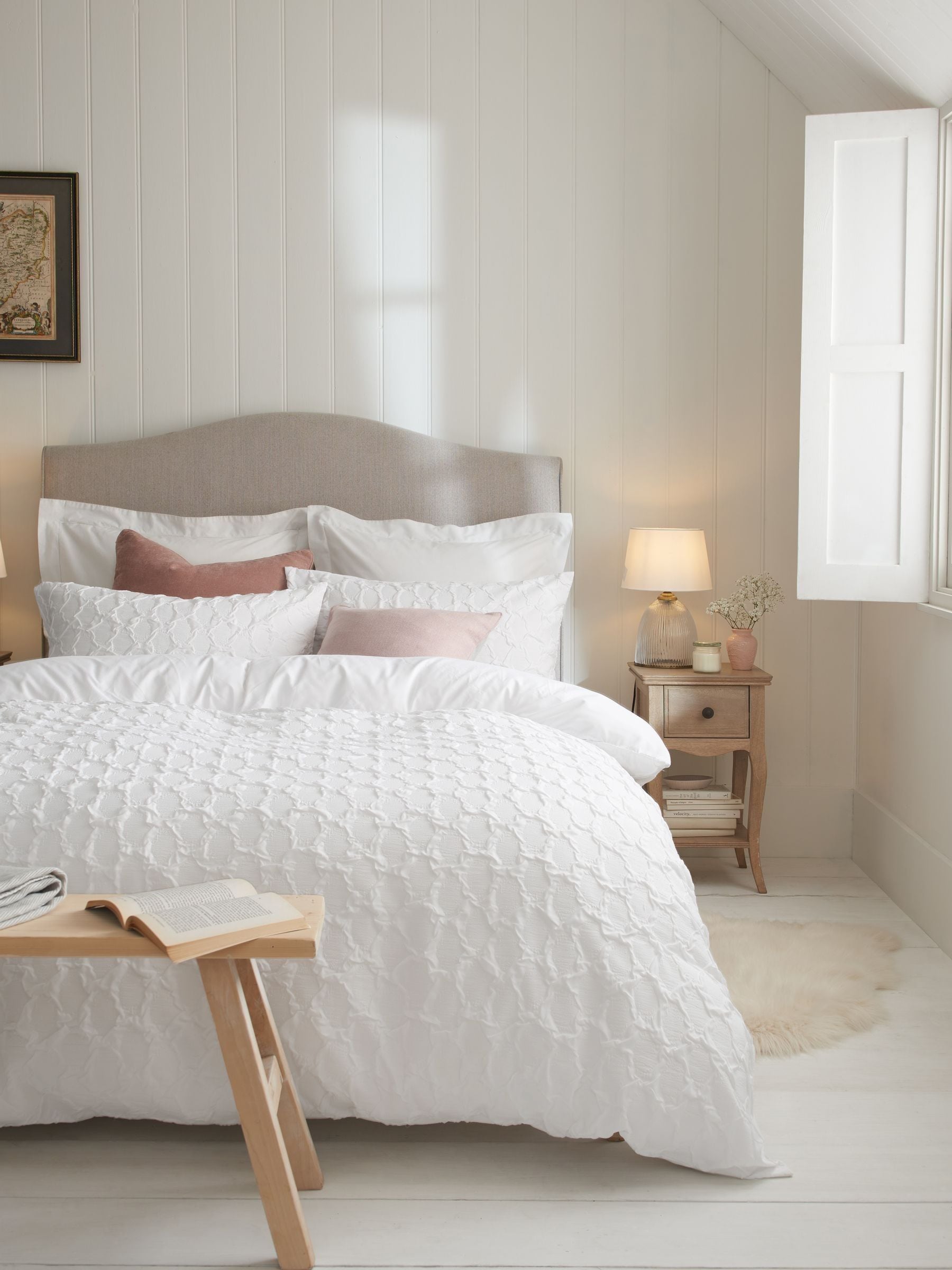 Next White Textured Embossed Square Pattern Bedding Duvet Cover and Pillowcase Set White