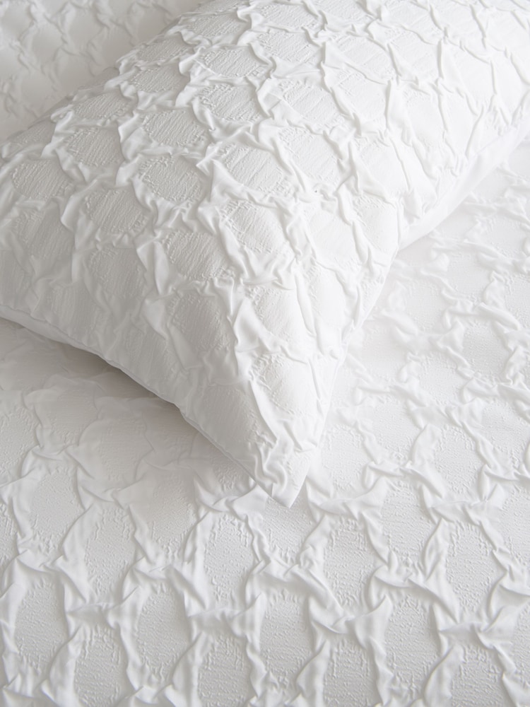 White Textured Embossed Square Pattern Bedding Duvet Cover and Pillowcase Set - Image 6 of 6