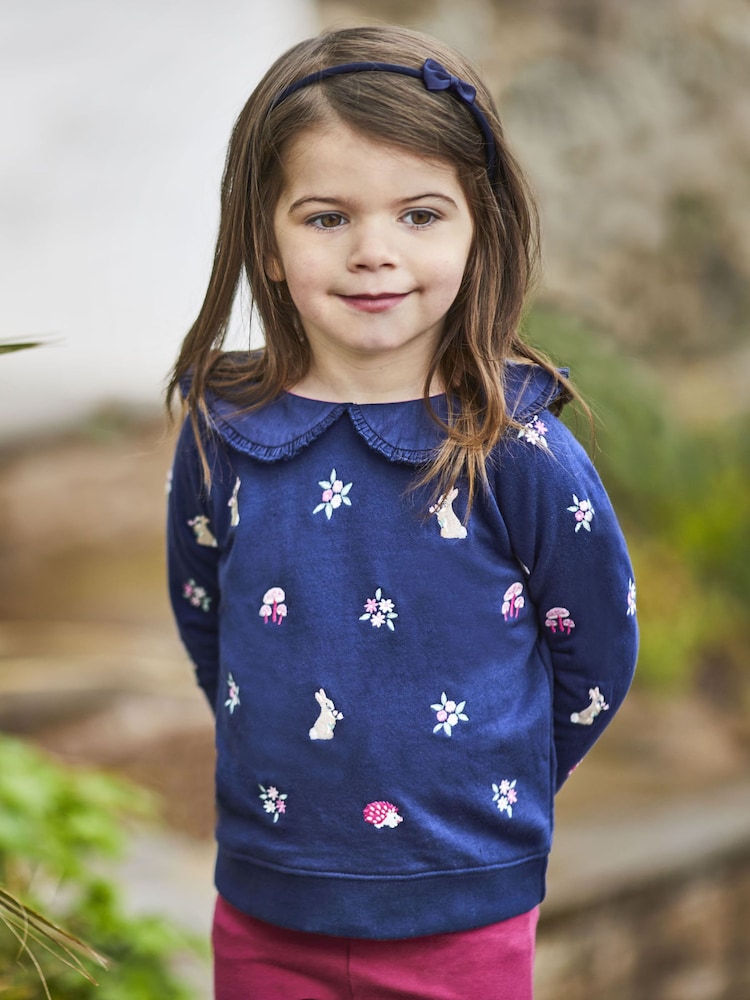 JoJo Maman Bébé Navy Bunny Embroidered Sweatshirt with Collar - Image 1 of 3