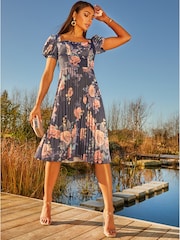 Chi Chi London Blue Floral Printed Pleated Skirt Midi Dress - Image 1 of 5