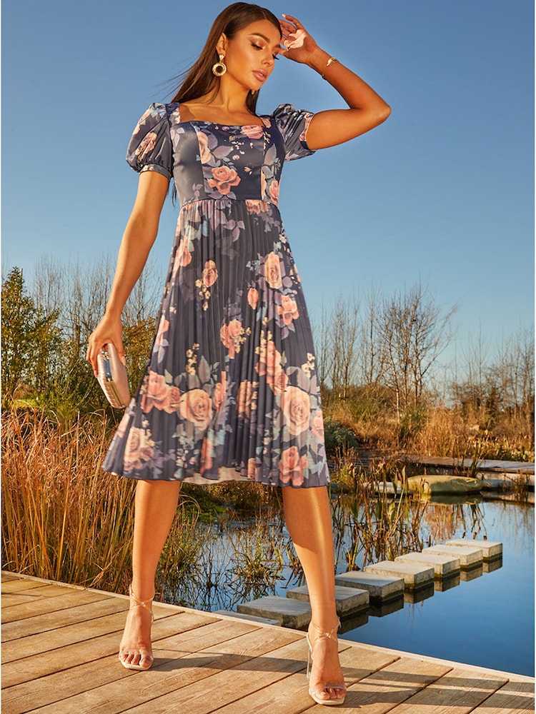 Chi Chi London Blue Floral Printed Pleated Skirt Midi Dress - Image 1 of 5