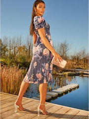 Chi Chi London Blue Floral Printed Pleated Skirt Midi Dress - Image 2 of 5