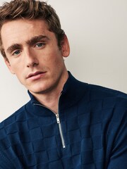 Navy Blue Regular Square Textured Knitted Zip Neck Jumper - Image 1 of 7