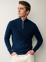 Navy Blue Regular Square Textured Knitted Zip Neck Jumper - Image 3 of 7