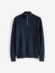 Navy Blue Regular Square Textured Knitted Zip Neck Jumper - Image 5 of 7