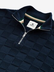 Navy Blue Regular Square Textured Knitted Zip Neck Jumper - Image 6 of 7