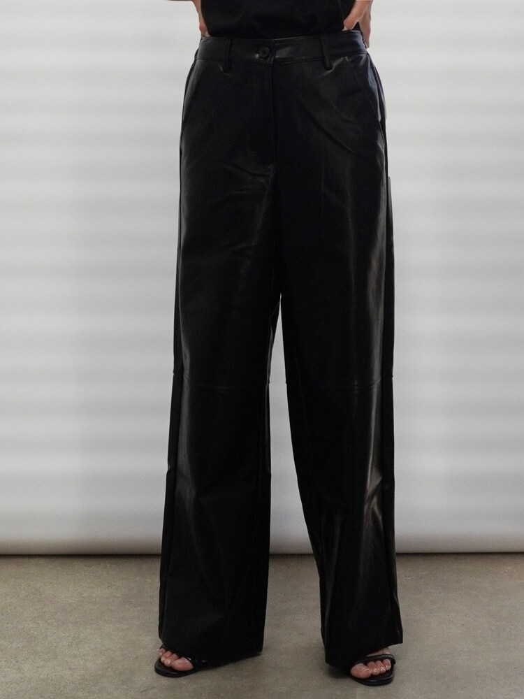 Religion Black Wide Leg Faux Leather Look Luster Trousers - Image 1 of 7 Religion Black Wide Leg Faux Leather Look Luster Trousers - Image 1 of 7