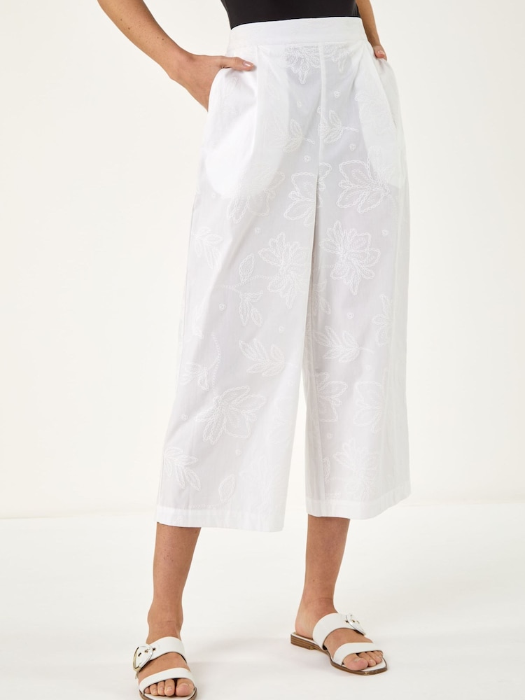 Roman White Textured Floral Cropped Wide Leg Trousers - Image 1 of 4 Roman White Textured Floral Cropped Wide Leg Trousers - Image 1 of 4