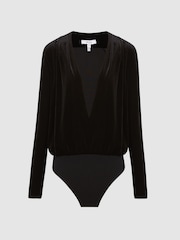 Reiss Black Rosalba Velvet Long Sleeve Plunge Bodysuit - Image 2 of 8