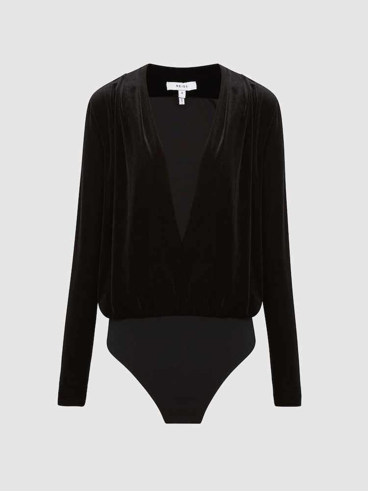 Reiss Black Rosalba Velvet Long Sleeve Plunge Bodysuit - Image 2 of 8