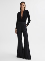 Reiss Black Rosalba Velvet Long Sleeve Plunge Bodysuit - Image 3 of 8