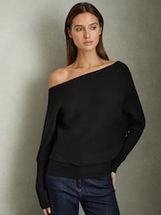 Reiss Black Lorna Asymmetric Drape Knitted Top - Image 1 of 5