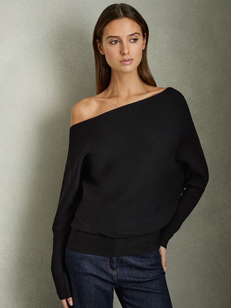 Reiss Black Lorna Asymmetric Drape Knitted Top - Image 1 of 5
