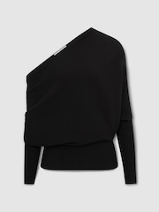 Reiss Black Lorna Asymmetric Drape Knitted Top - Image 2 of 5