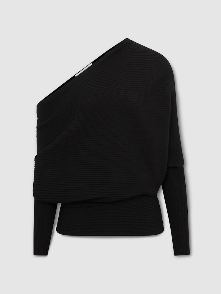 Reiss Black Lorna Asymmetric Drape Knitted Top - Image 2 of 5