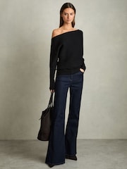 Reiss Black Lorna Asymmetric Drape Knitted Top - Image 3 of 5