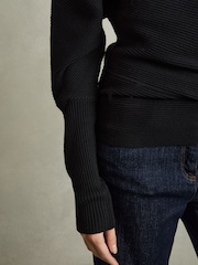 Reiss Black Lorna Asymmetric Drape Knitted Top - Image 4 of 5