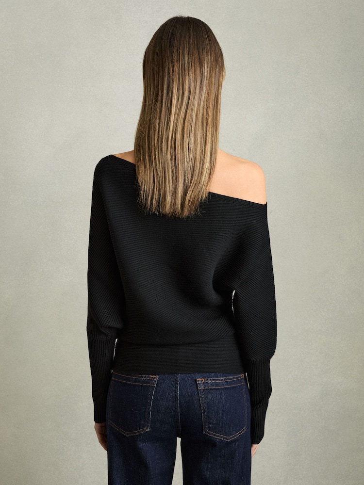 Reiss Black Lorna Asymmetric Drape Knitted Top - Image 5 of 5