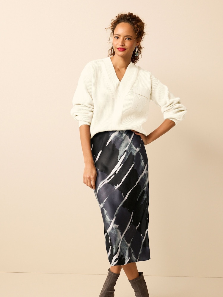 Black Tie Dye Satin Midi Skirt - Image 1 of 5