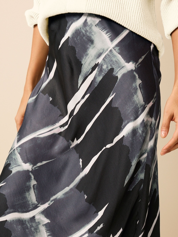 Black Tie Dye Satin Midi Skirt - Image 4 of 5