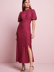 Pink Animal Short Puff Sleeve Midi Day Dress - Image 3 of 5