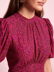 Pink Animal Short Puff Sleeve Midi Day Dress - Image 4 of 5