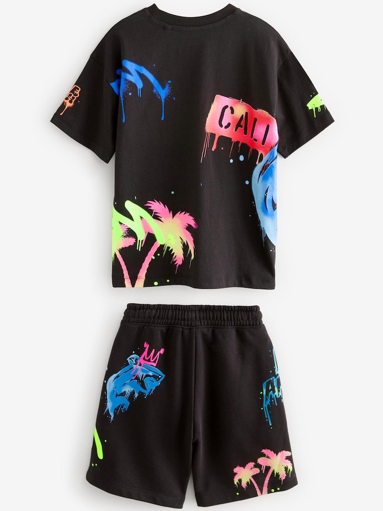Black Graffiti Graphic Top and Shorts Set (3-16yrs) - Image 2 of 3