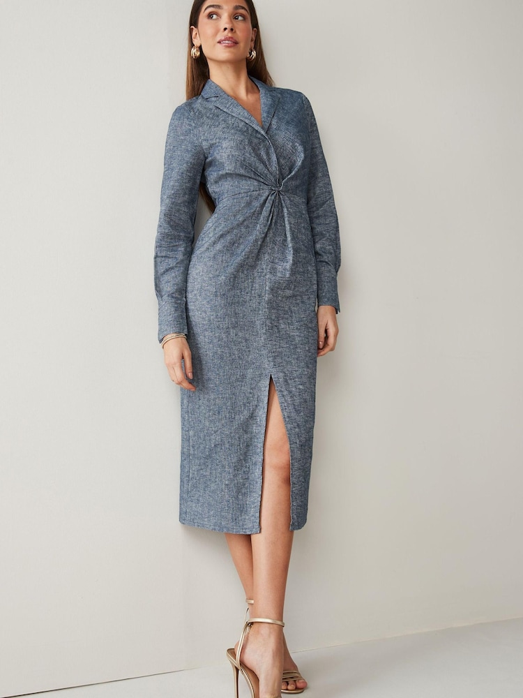 Blue Chambray Linen Blend Twist Front Collared Midi Dress - Image 1 of 4 Blue Chambray Linen Blend Twist Front Collared Midi Dress - Image 1 of 4