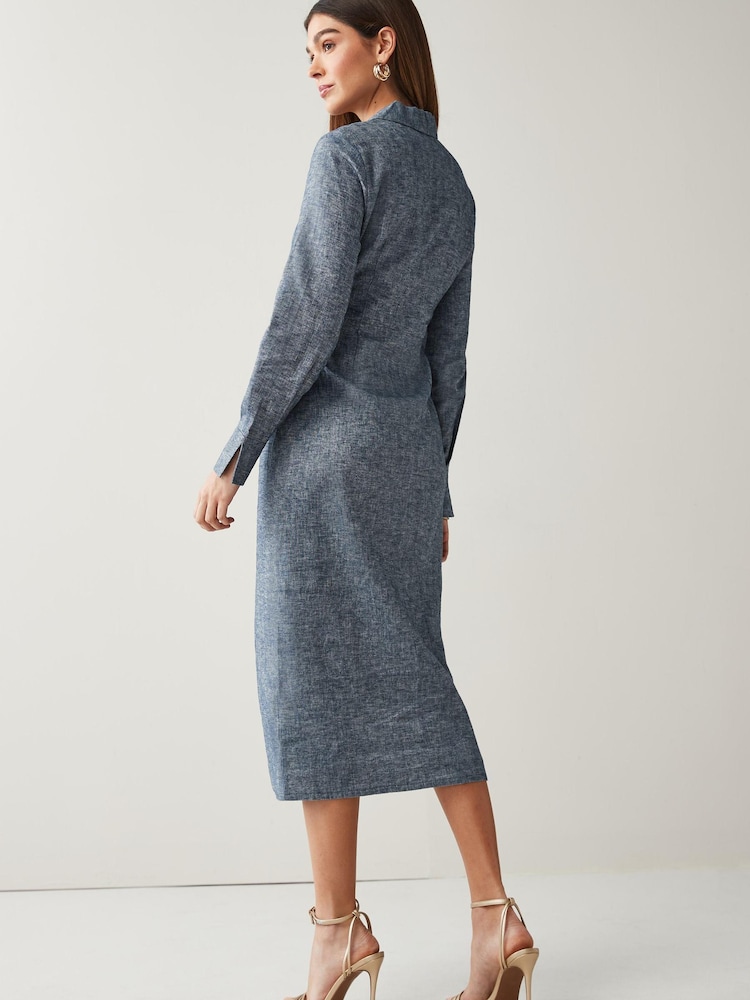 Blue Chambray Linen Blend Twist Front Collared Midi Dress - Image 2 of 4 Blue Chambray Linen Blend Twist Front Collared Midi Dress - Image 2 of 4