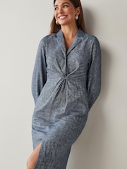 Blue Chambray Linen Blend Twist Front Collared Midi Dress - Image 3 of 4