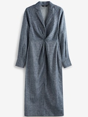 Blue Chambray Linen Blend Twist Front Collared Midi Dress - Image 4 of 4