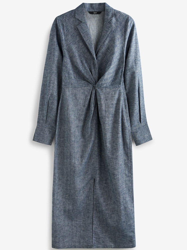 Blue Chambray Linen Blend Twist Front Collared Midi Dress - Image 4 of 4 Blue Chambray Linen Blend Twist Front Collared Midi Dress - Image 4 of 4