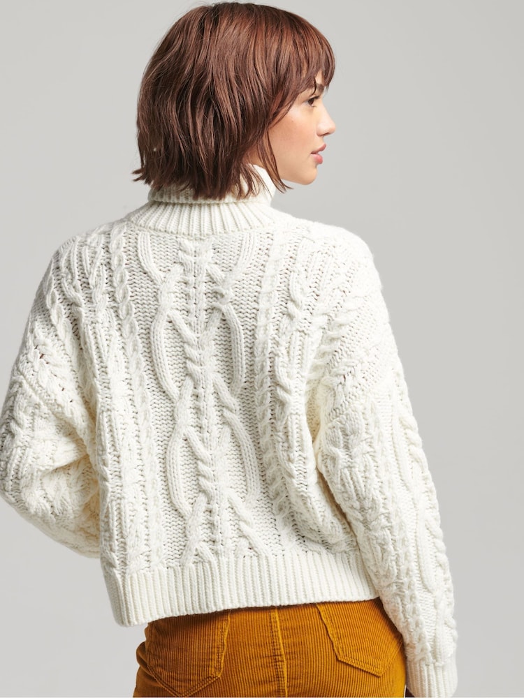Biały - Superdry Vintage High Neck Cable Knit Jumper - Image 2 of 5