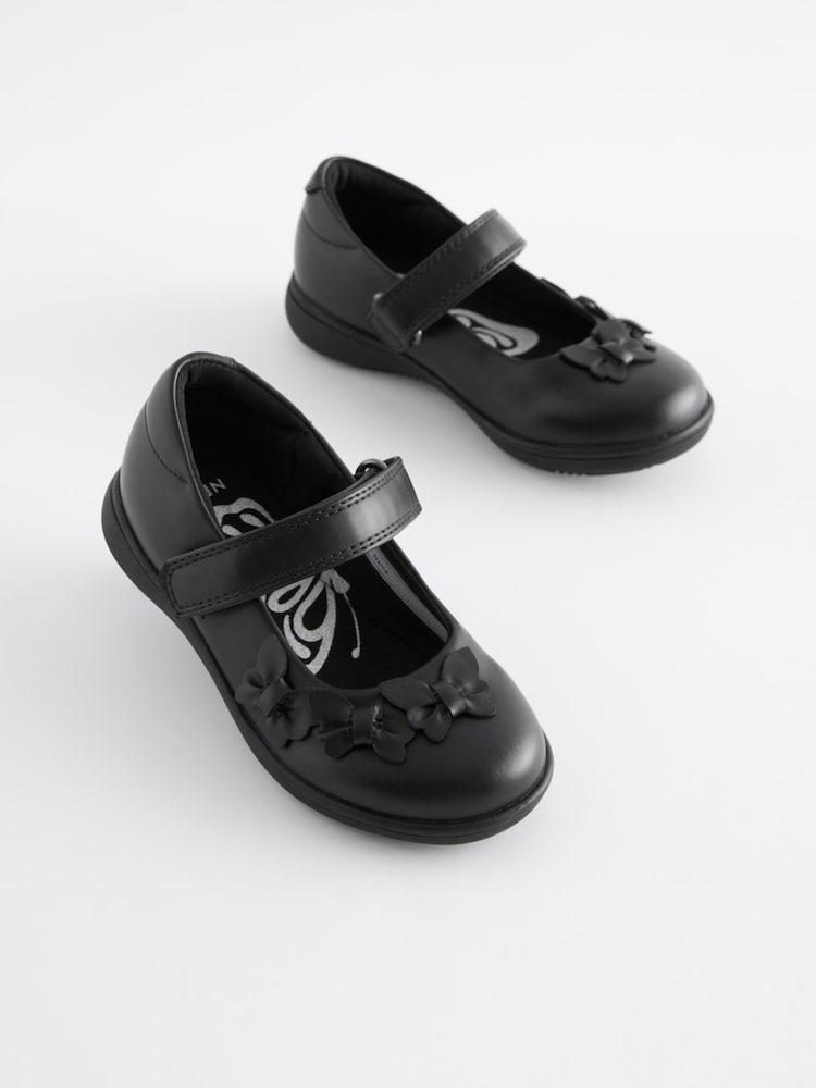 Matt Black Standard Fit (F) School Junior Butterfly Mary Jane Shoes - Image 1 of 7