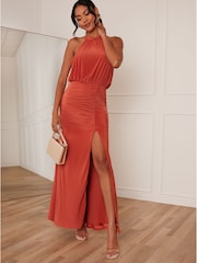 Chi Chi London Orange Halter Style Ruched Maxi Dress - Image 1 of 5