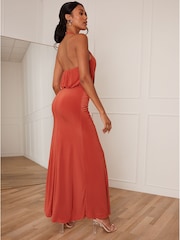 Chi Chi London Orange Halter Style Ruched Maxi Dress - Image 2 of 5