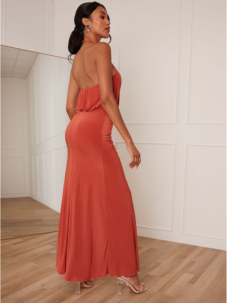 Chi Chi London Orange Halter Style Ruched Maxi Dress - Image 2 of 5